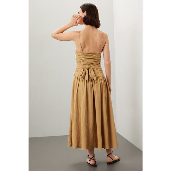 TOCCIN x RTR Brown Khaki Square Neck Ruched Bodice Tie Waist Midi Dress Size 8 - Picture 2 of 11